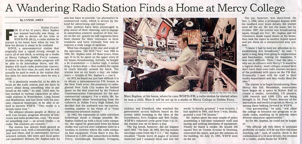 NY Times article on WDFH, July 2001